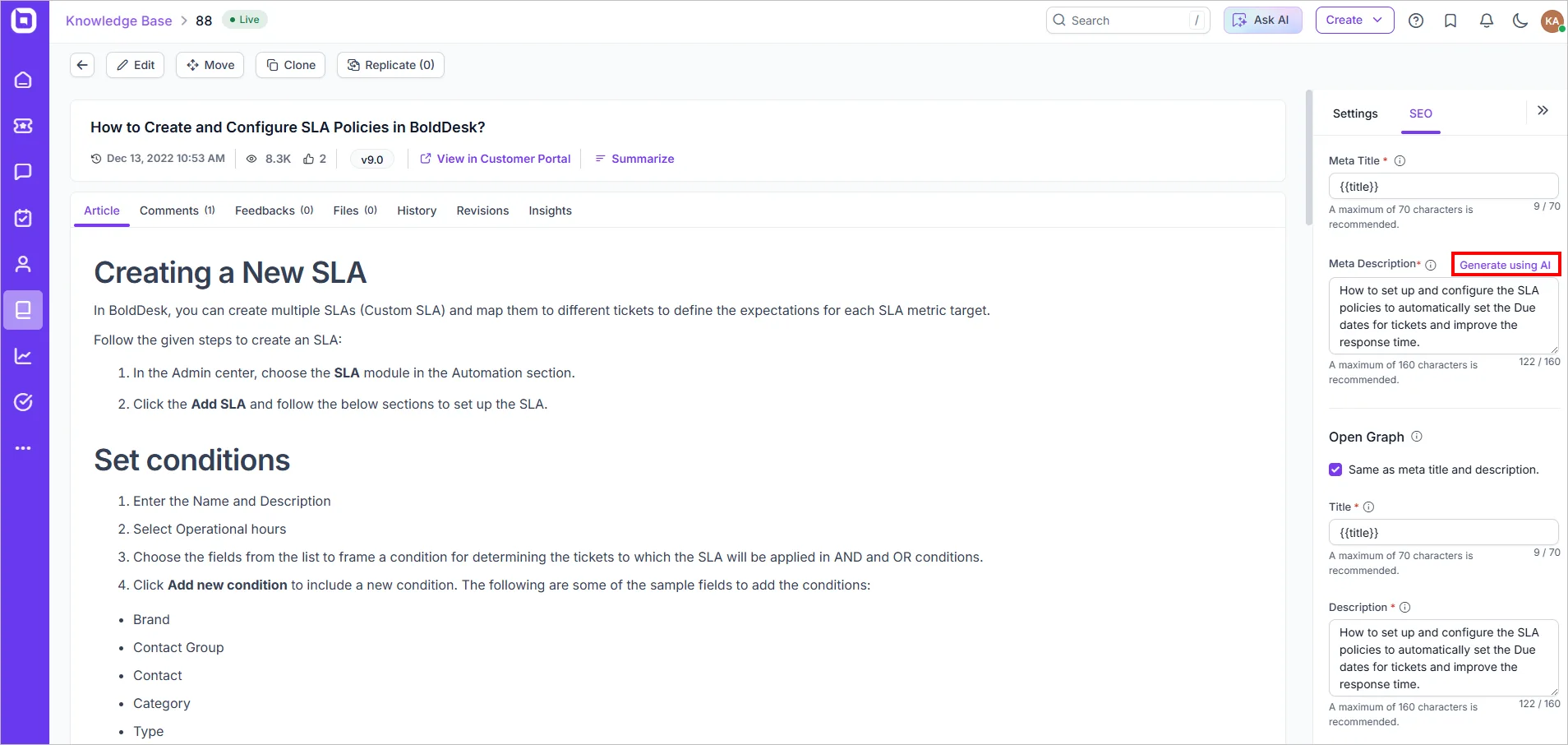 Generating Article Titles and Meta Descriptions Using AI in BoldDesk