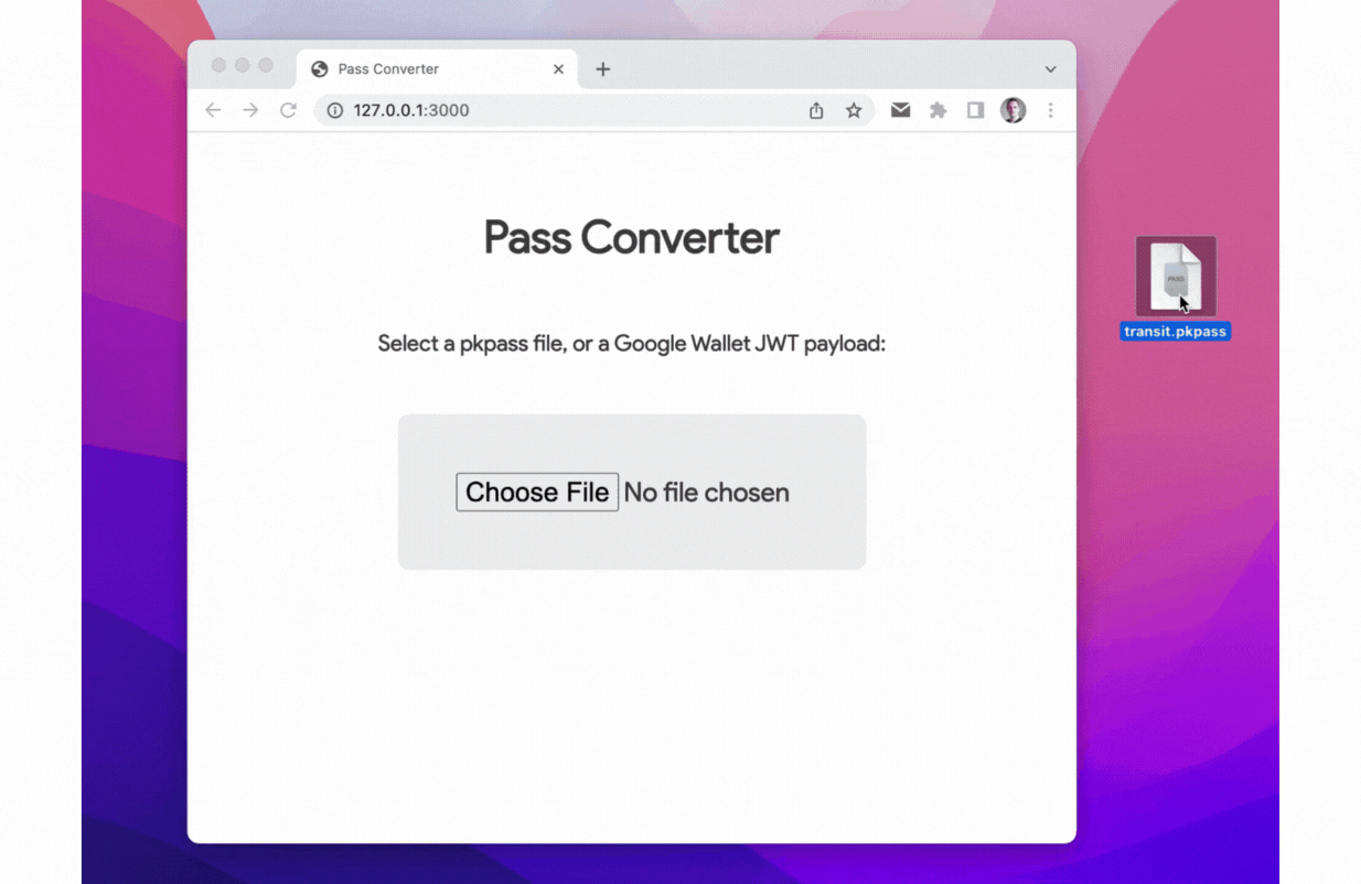 Moving image of Pass Converter successfully converting an external pkpass file to a
      Google Wallet pass