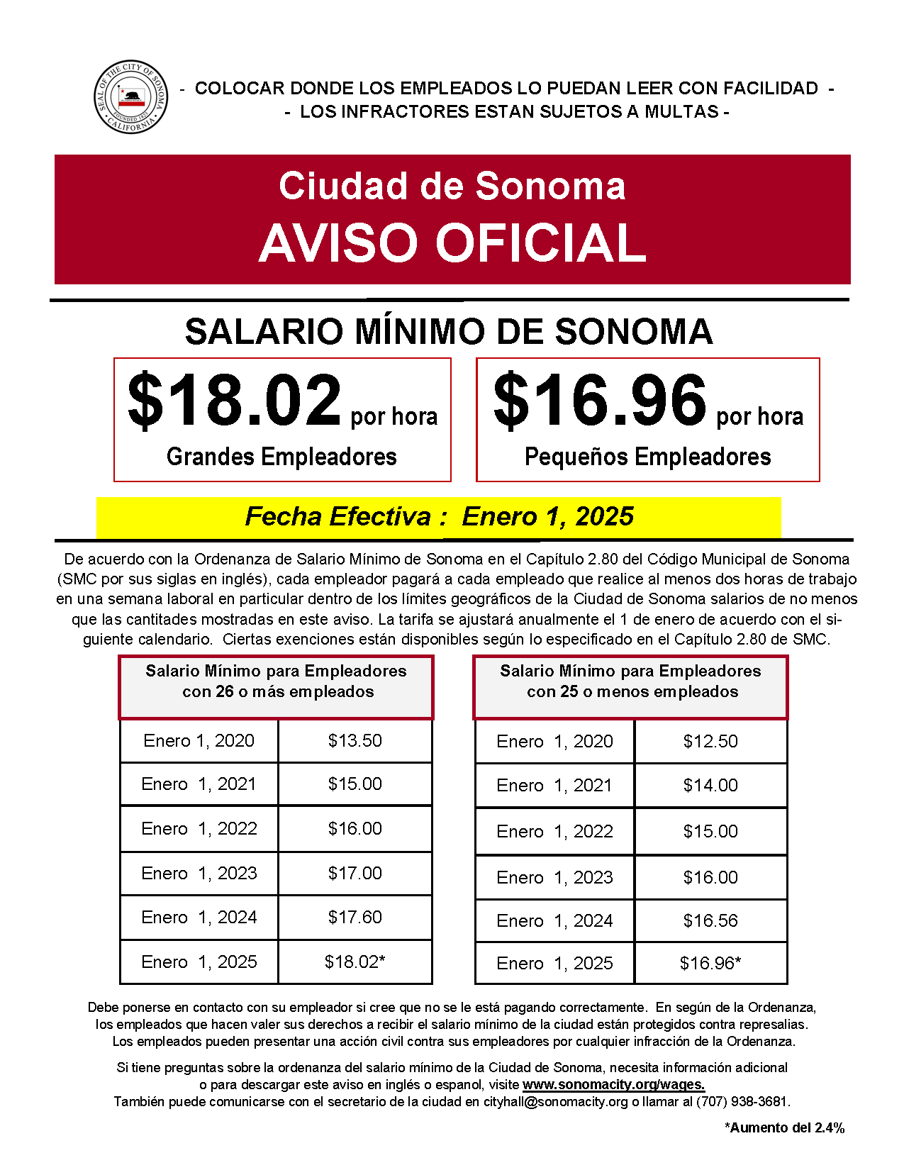A poster in Spanish that states the 2025 minimum wage for the City of Sonoma.