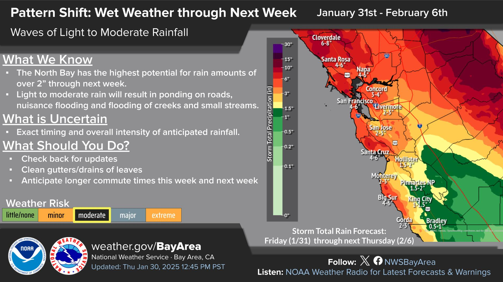 A graphic of a map of the San Francisco Bay Area illustrating potential rainfall amounts .