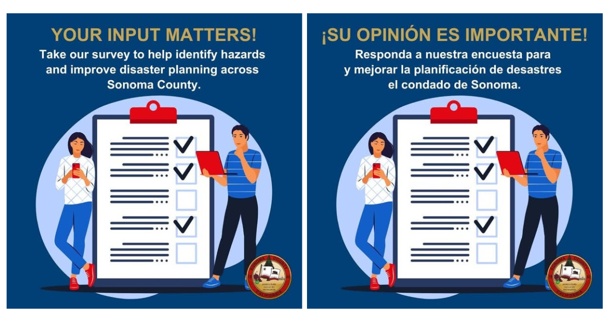 Graphics of two people on electronic devices with an image of a paper survey with a message encouraging people to take an online survey.