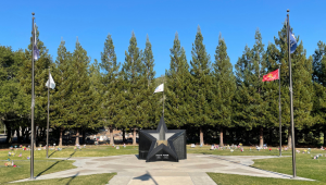 The Star of Honor Sculpture and flag poles with a row of trees in the background.